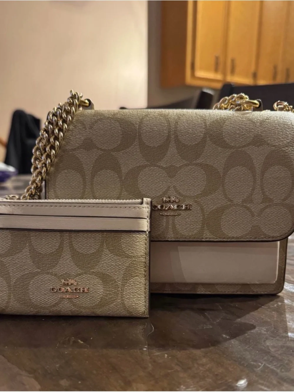 Coach Signature Mini Klare Canvas Crossbody in Beige & Cream with Gold Hardware